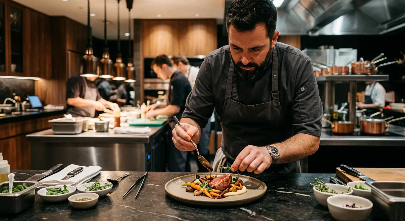 Professional chef plating a gourmet dish in a high-end kitchen